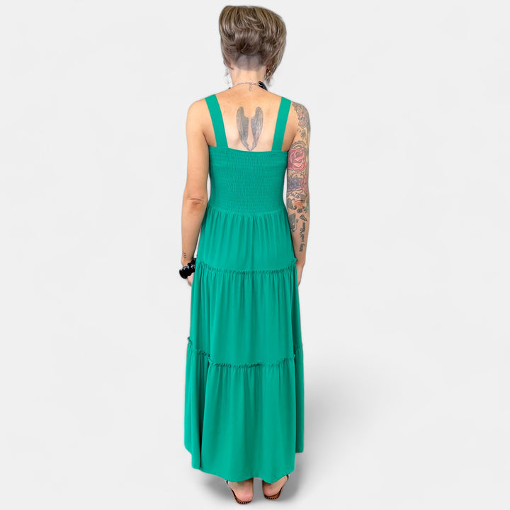 Green Smocked Tiered Midi Dress