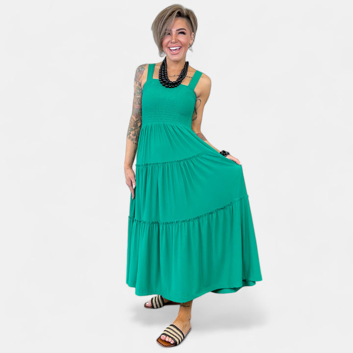 Green Smocked Tiered Midi Dress