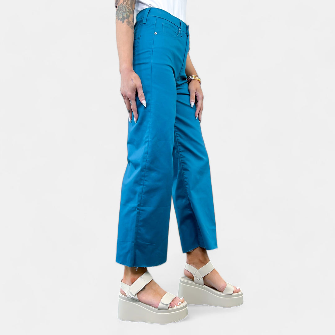 Dusty Teal Flare Cropped Denim Pants