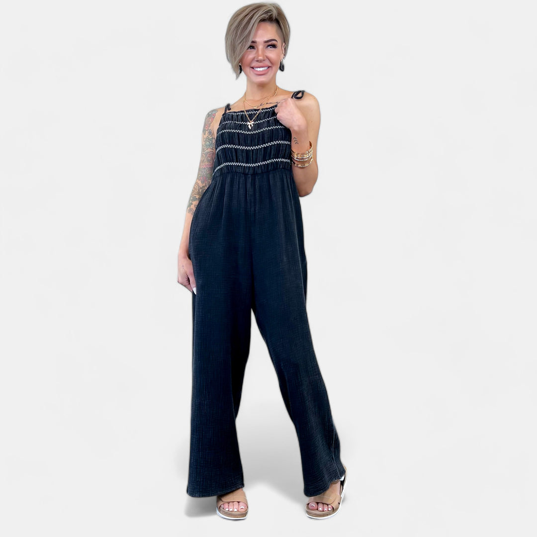 Black Smocked Relaxed Jumpsuit