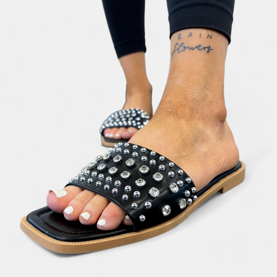 Black Rhinestone Studded Sandals