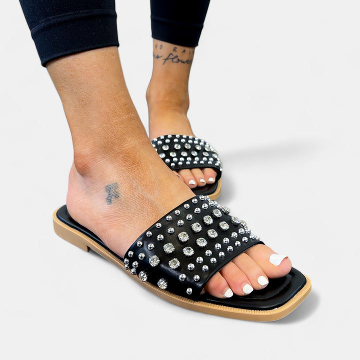 Black Rhinestone Studded Sandals