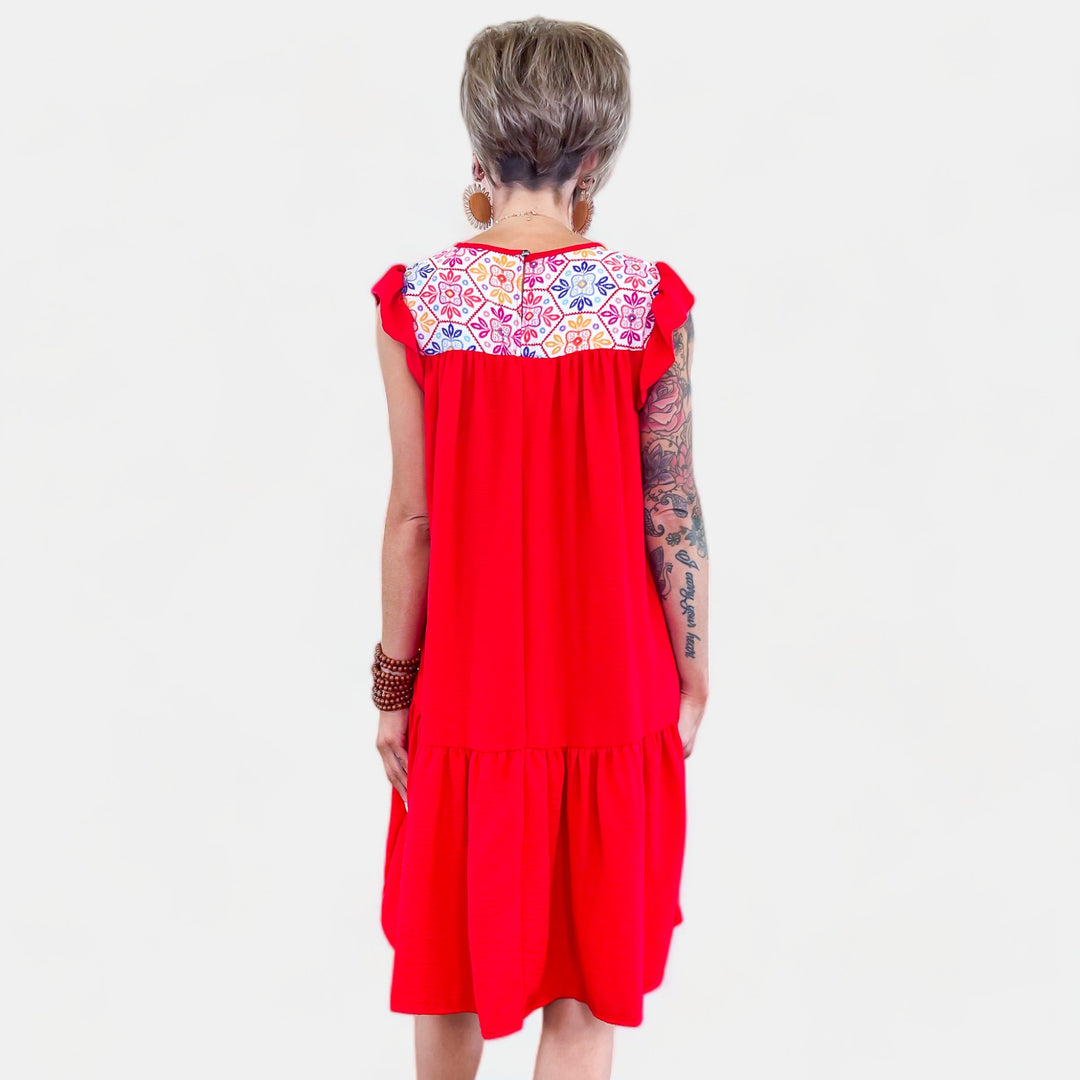 Red Embroidered Babydoll Dress