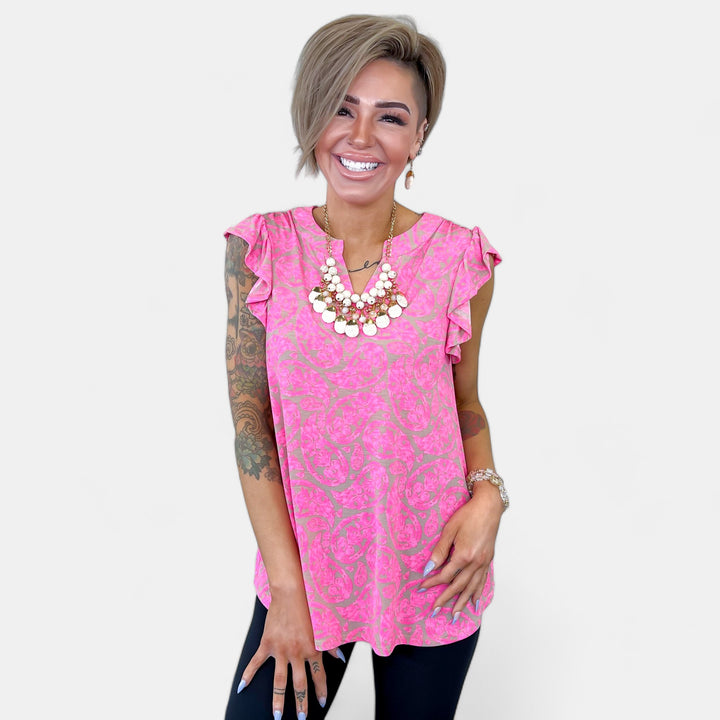 Oyster Pink Paisley Lizzy Flutter Sleeve Top