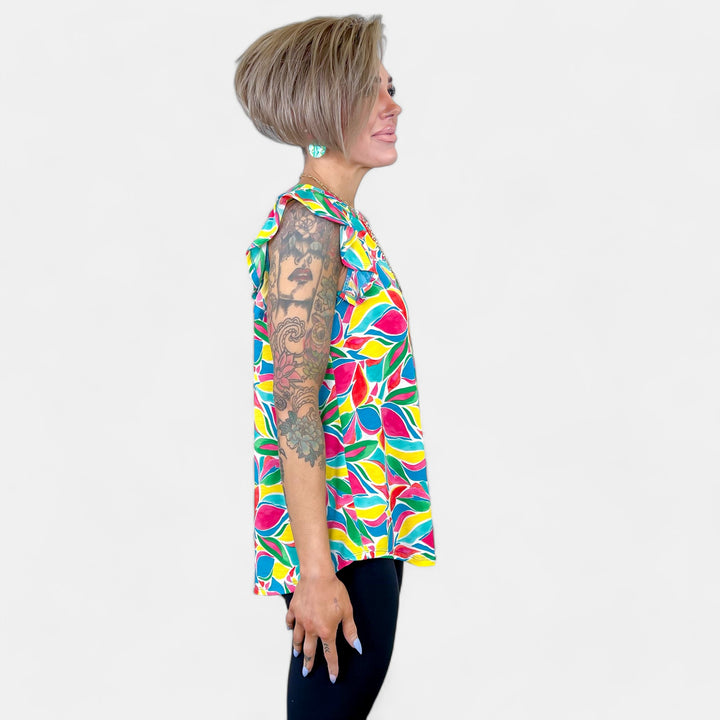 Teal Multi Abstract Lizzy Flutter Sleeve Top
