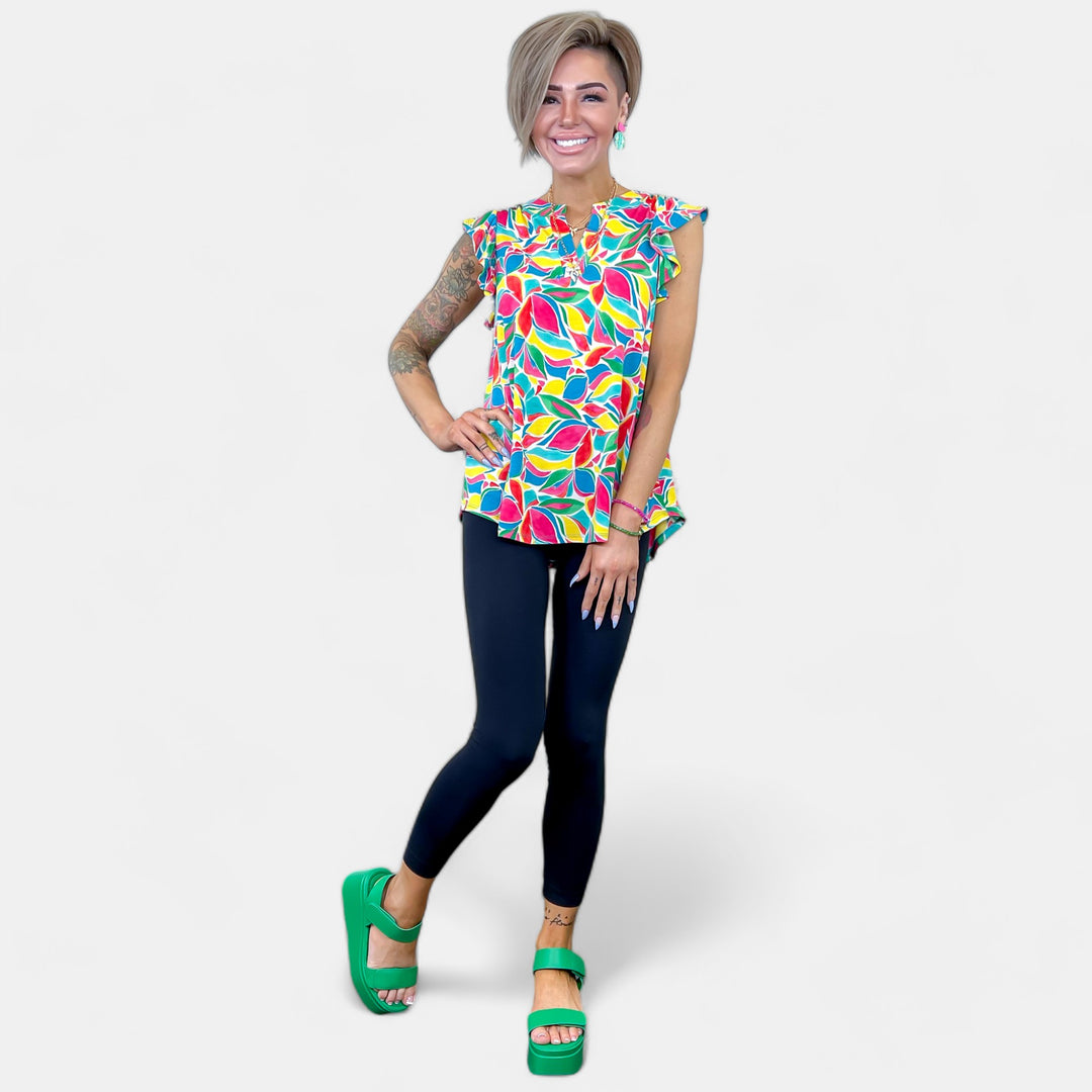 Teal Multi Abstract Lizzy Flutter Sleeve Top