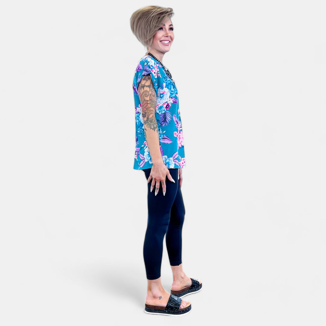Teal Floral Lizzy Short Sleeve Top