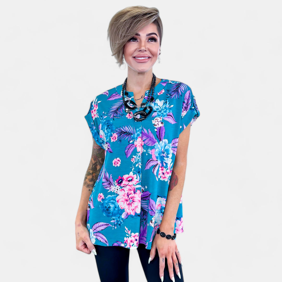 Teal Floral Lizzy Short Sleeve Top
