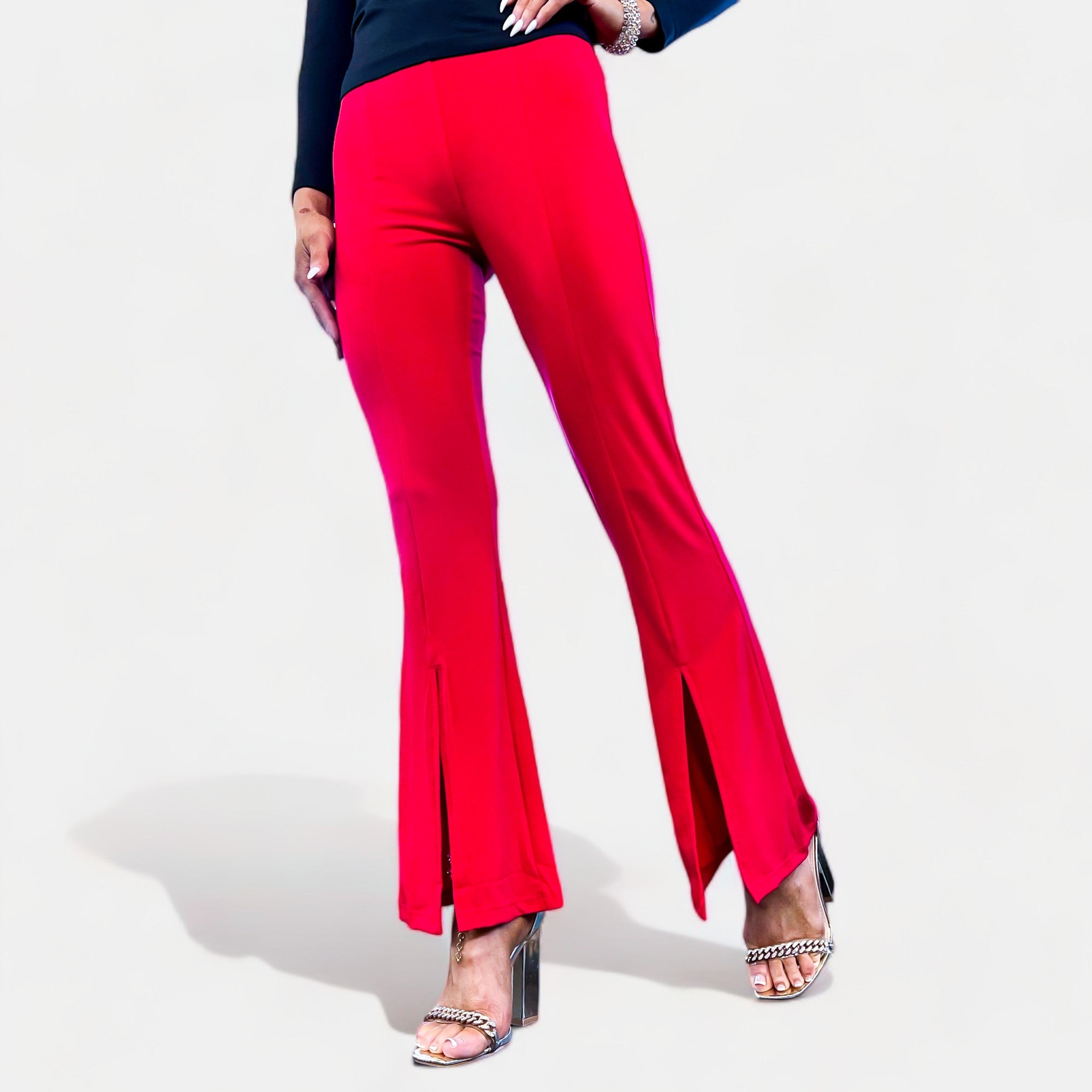 Red High Rise Slit Flare Pants
