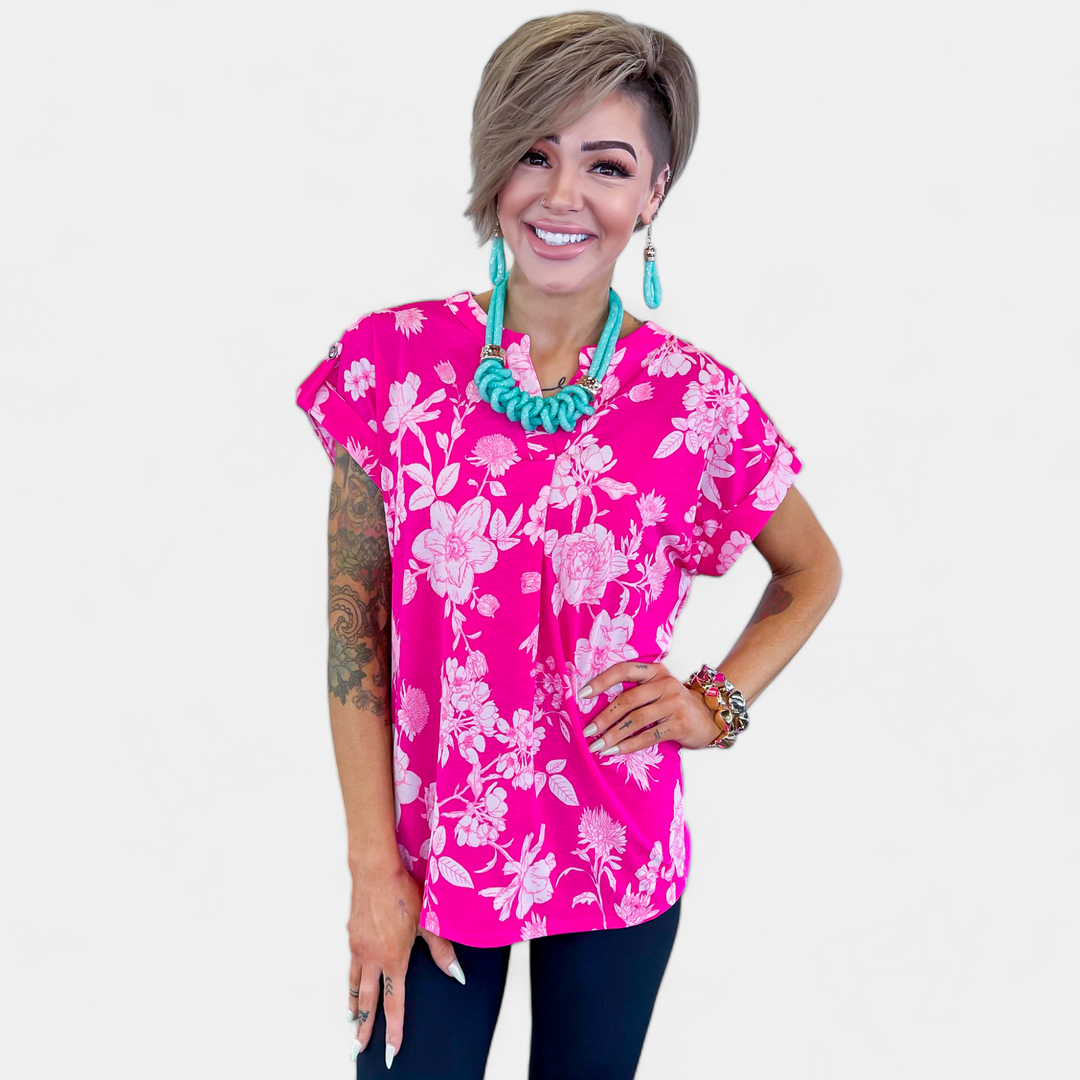Hot Pink Floral Lizzy Short Sleeve Top
