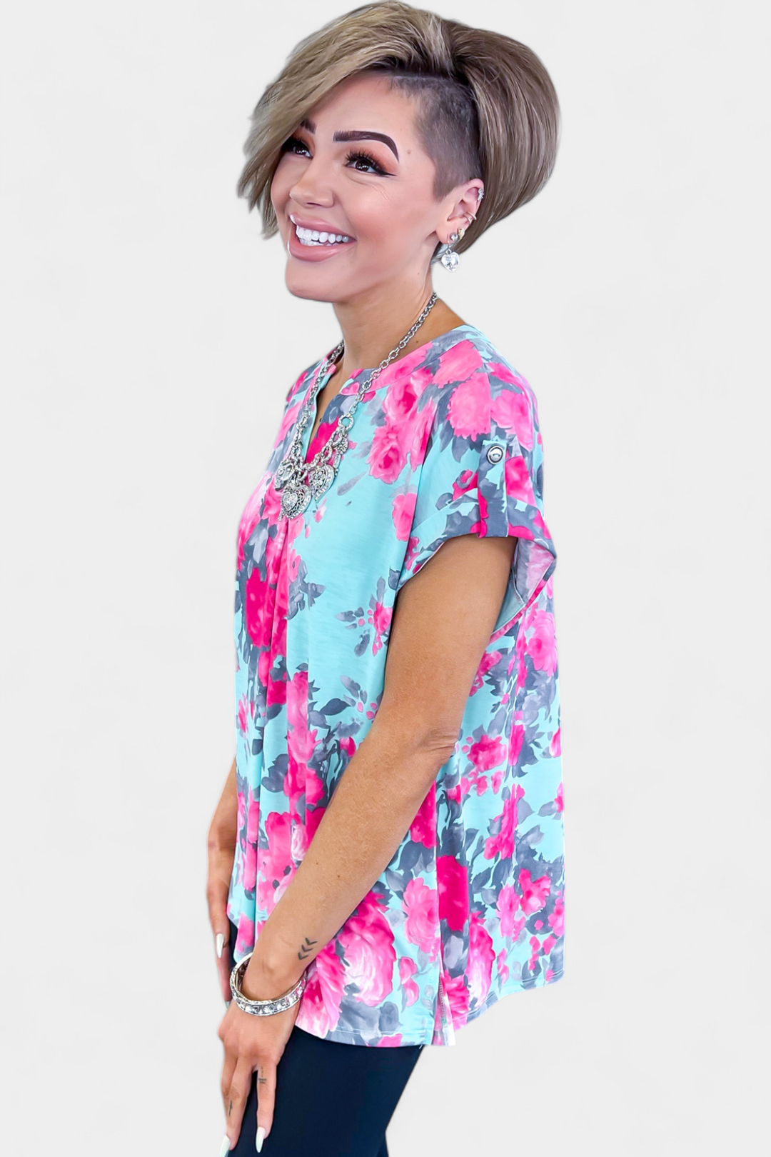 Mint & Pink Floral Lizzy Short Sleeve Top