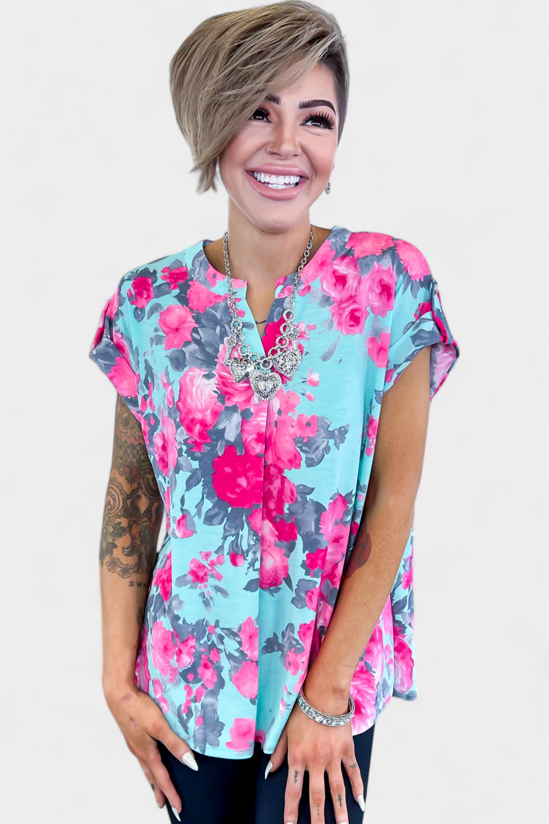 Mint & Pink Floral Lizzy Short Sleeve Top