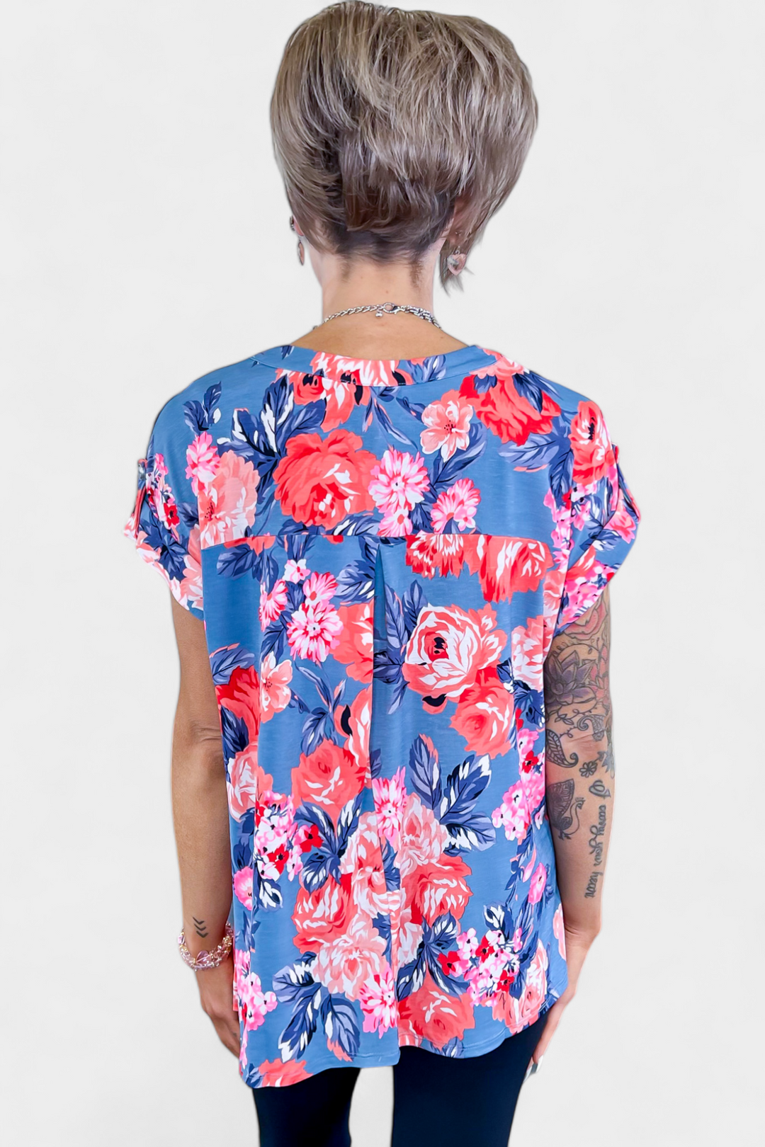 Dusty Blue Floral Lizzy Short Sleeve Top