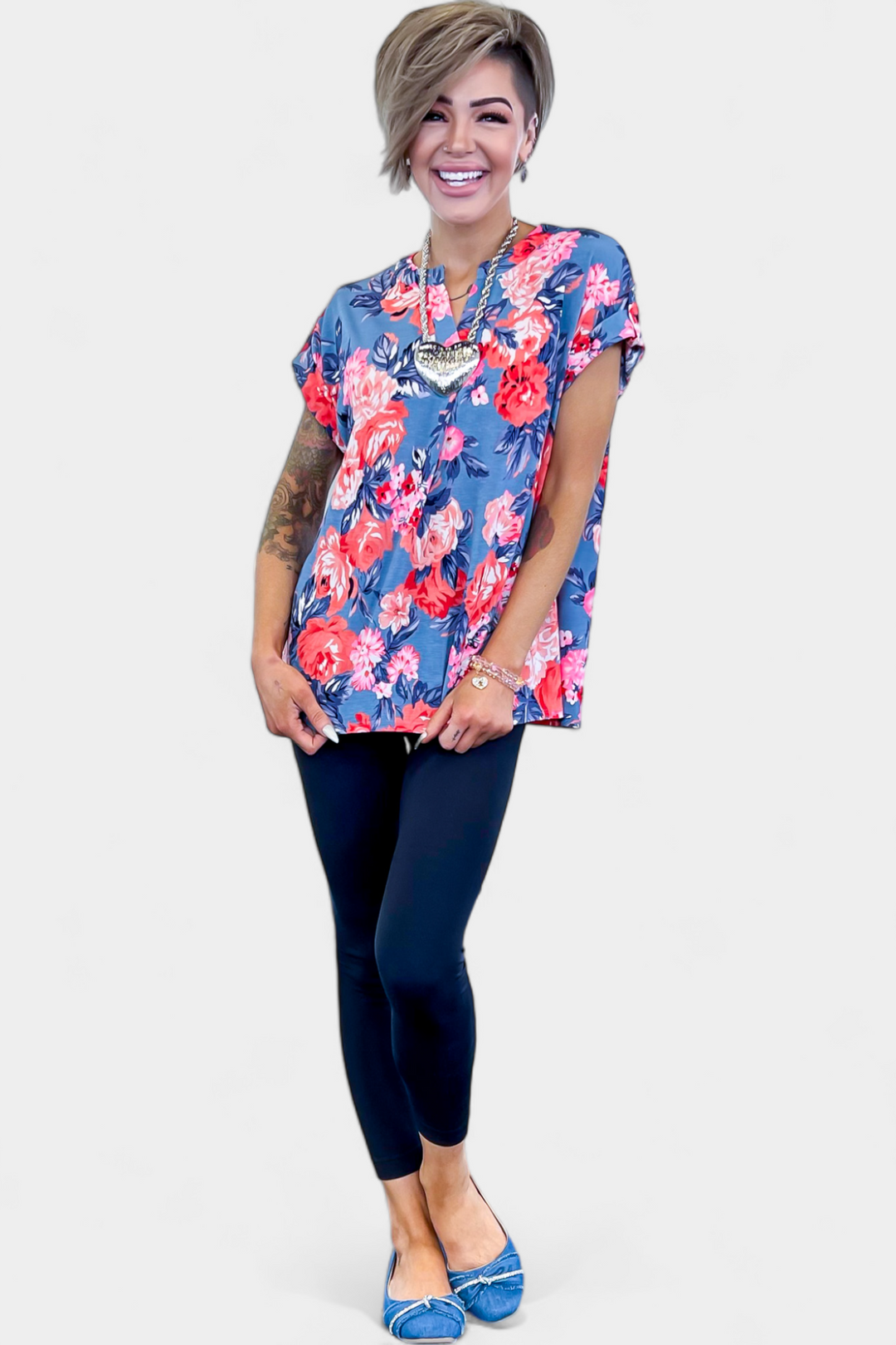 Dusty Blue Floral Lizzy Short Sleeve Top
