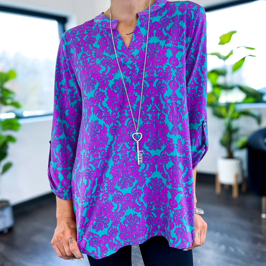 Teal Damask Lizzy Top