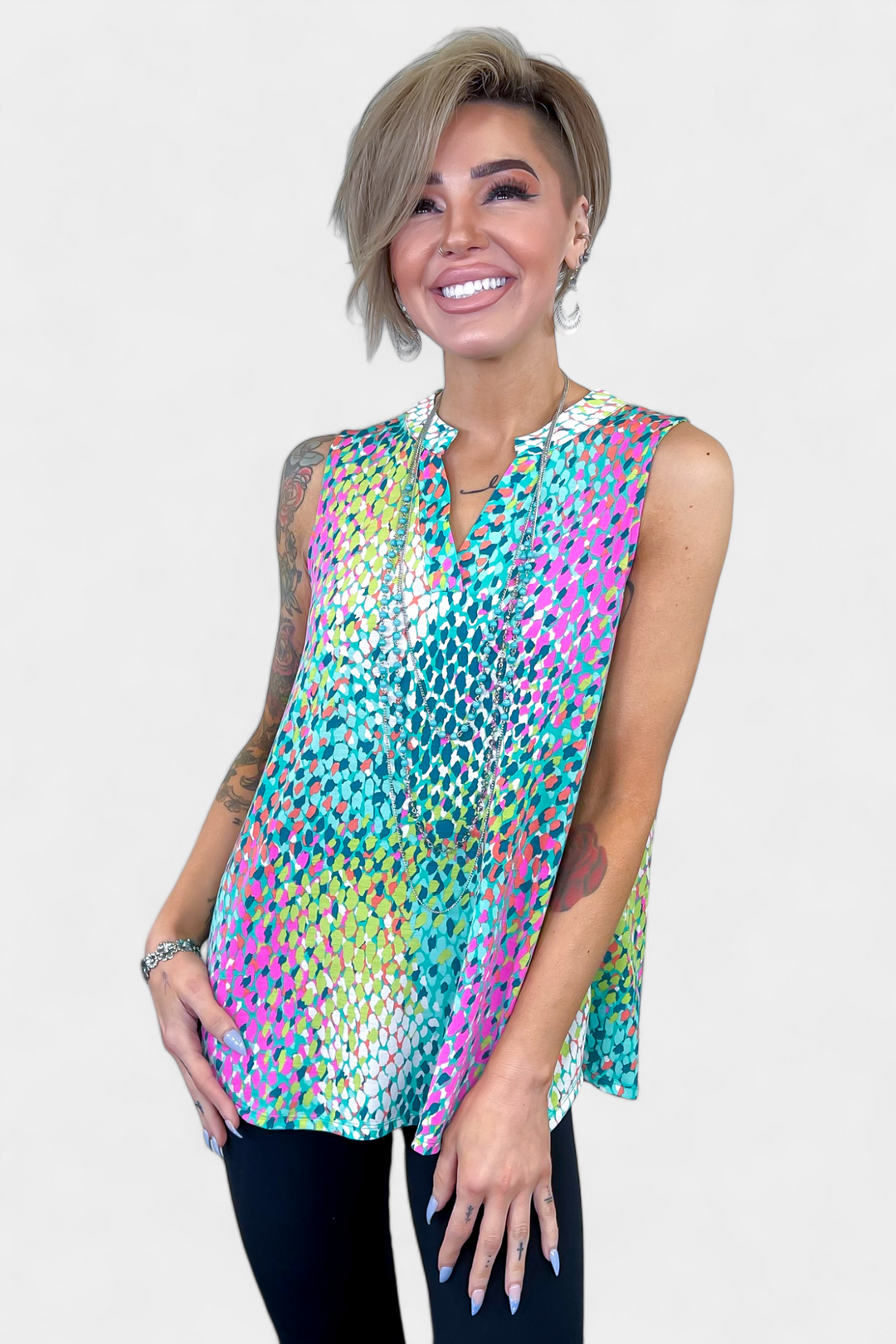 Green Multi Abstract Lizzy Tank Top