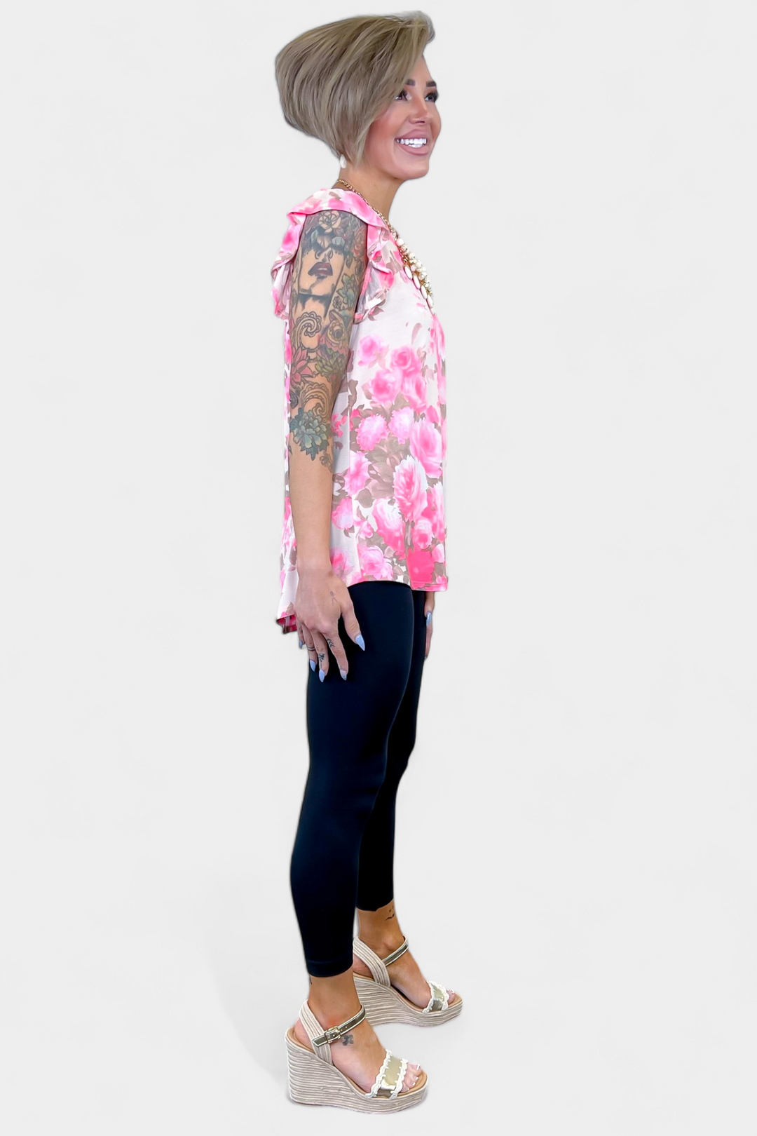 Oyster Floral Lizzy Flutter Sleeve Top