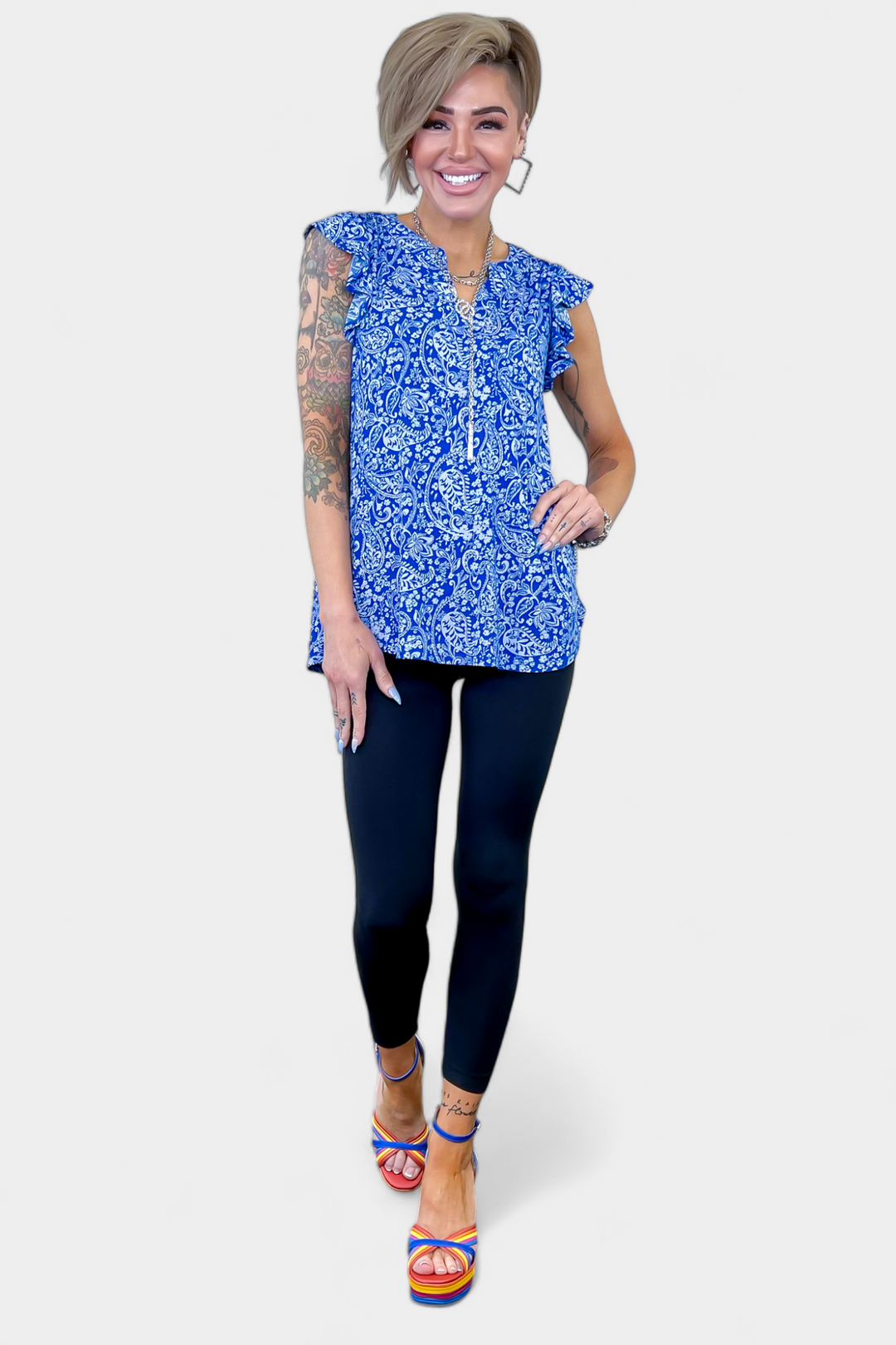 Royal Blue Paisley Lizzy Flutter Sleeve Top