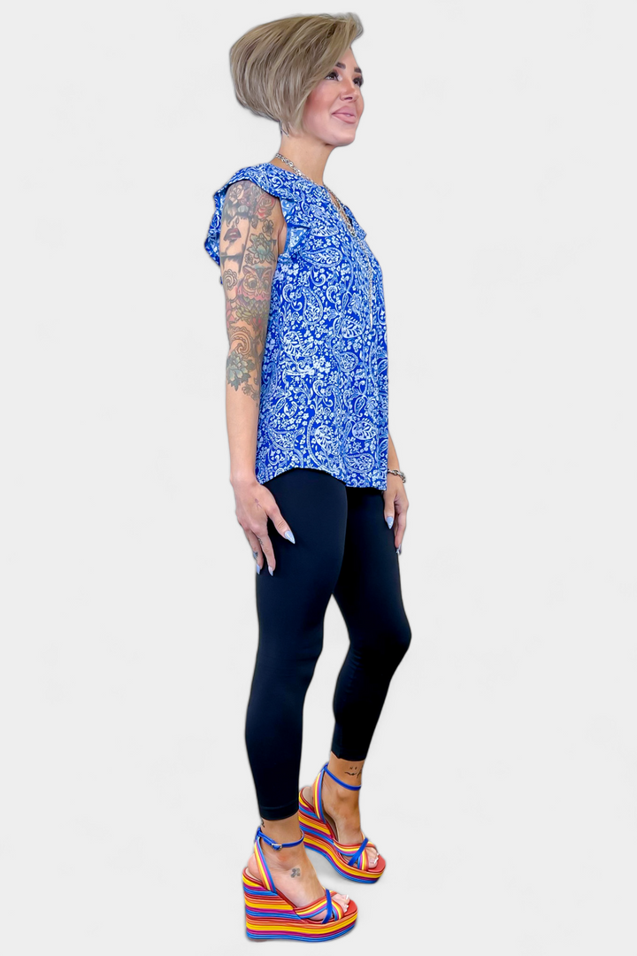 Royal Blue Paisley Lizzy Flutter Sleeve Top