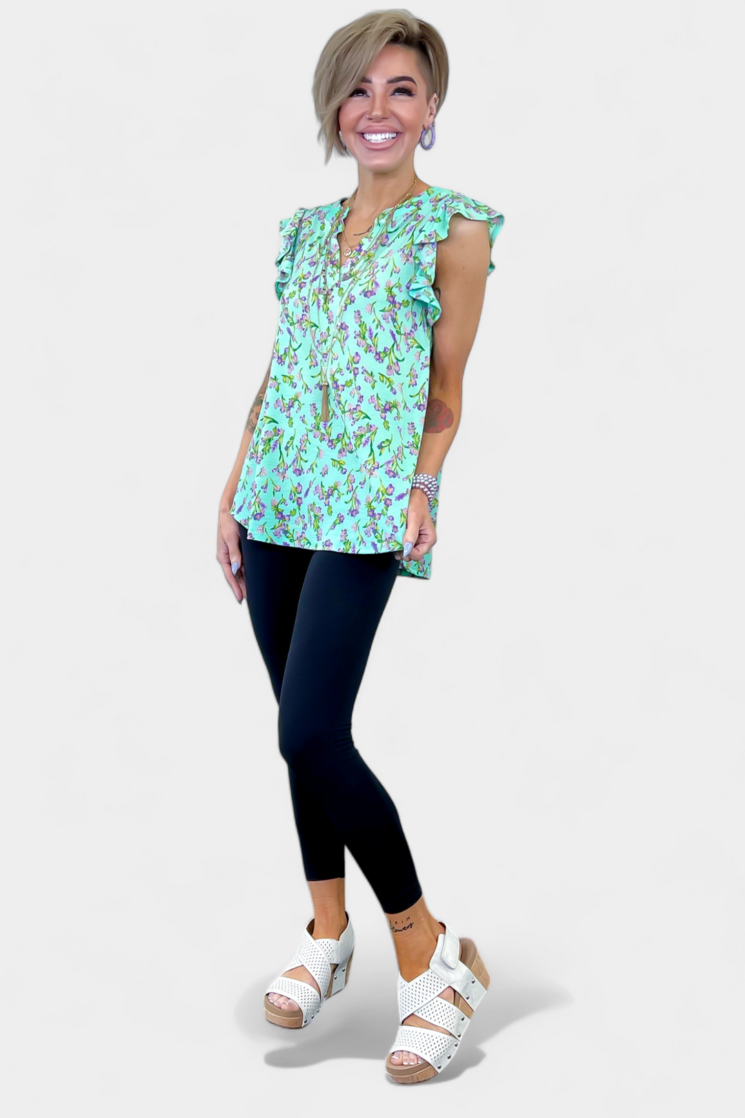 Emerald Floral Lizzy Flutter Sleeve Top