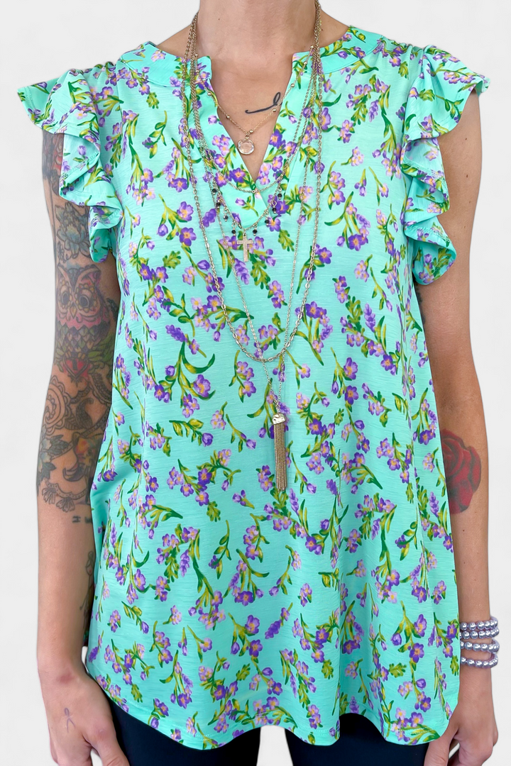Emerald Floral Lizzy Flutter Sleeve Top