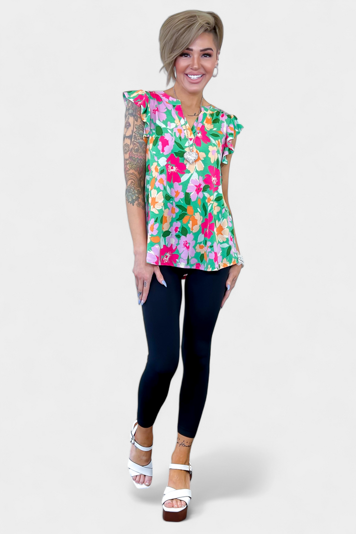 Green Floral Lizzy Flutter Sleeve Top