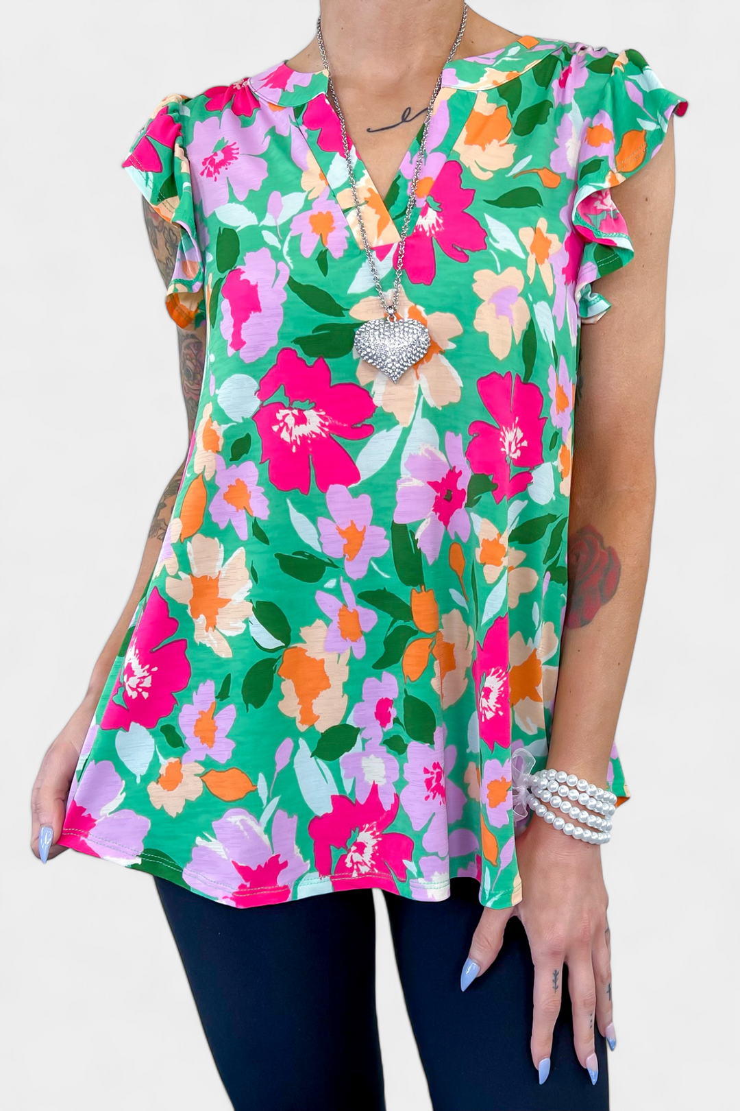 Green Floral Lizzy Flutter Sleeve Top