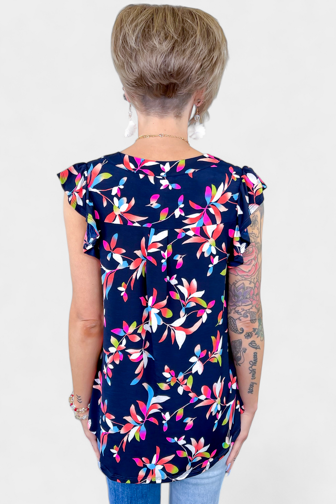 Navy Multi Floral Lizzy Flutter Sleeve Top