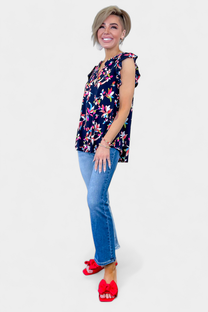 Navy Multi Floral Lizzy Flutter Sleeve Top