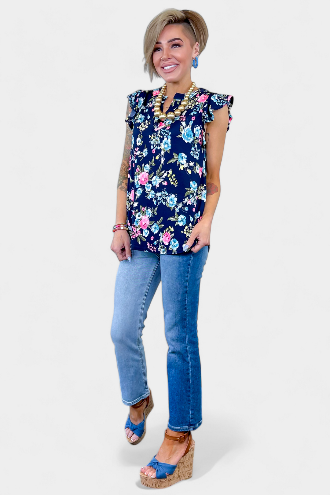 Navy Floral Lizzy Flutter Sleeve Top