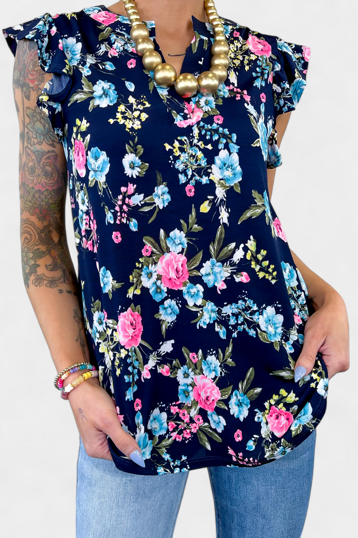 Navy Floral Lizzy Flutter Sleeve Top
