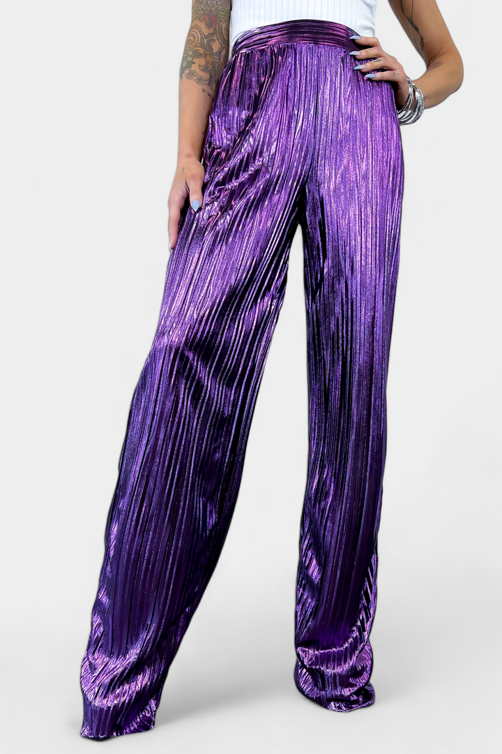 Purple Metallic Crinkle Wide Leg Pants