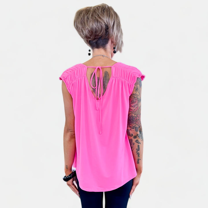 Neon Pink V Neck Tie Back Top