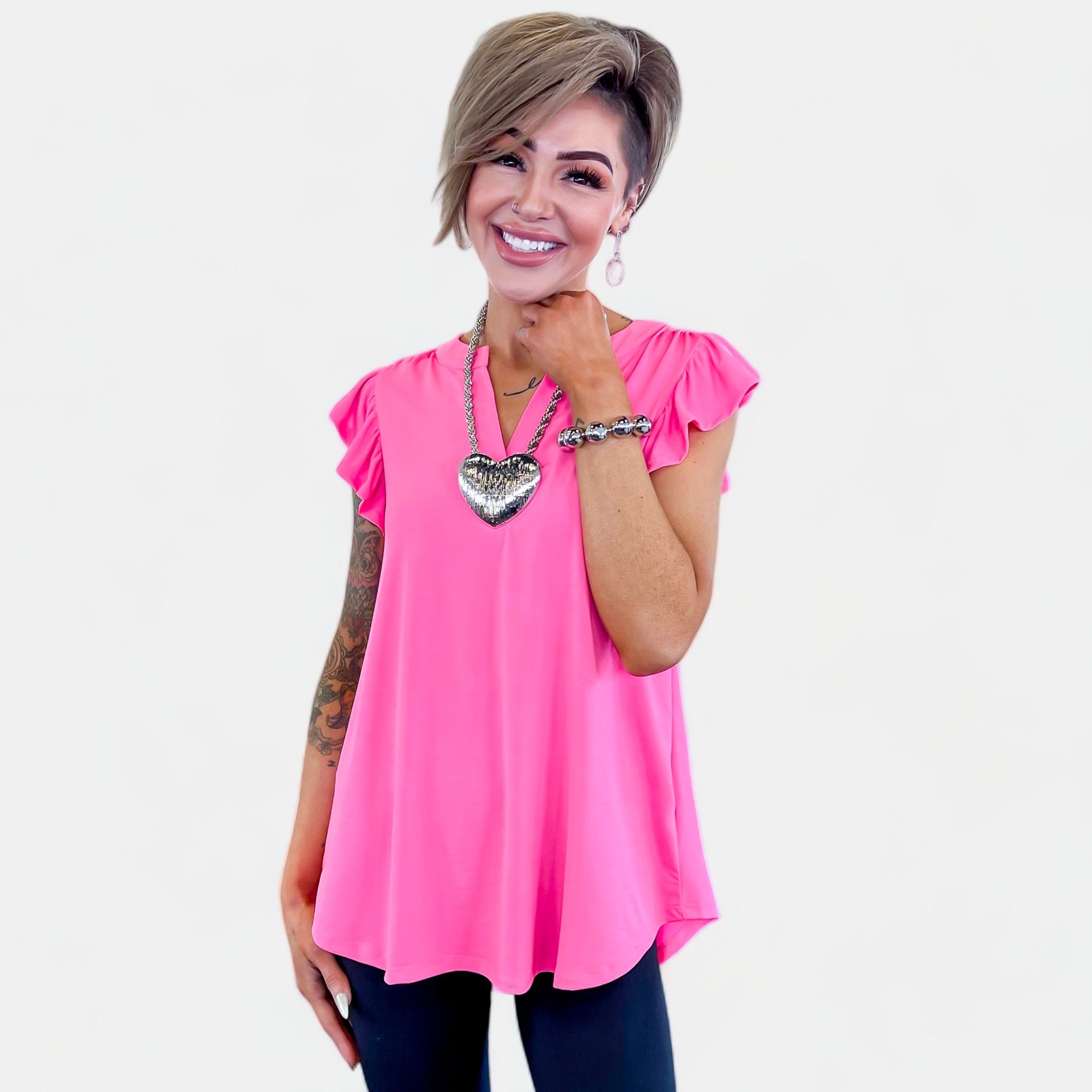 Neon Pink Lizzy Flutter Sleeve Top
