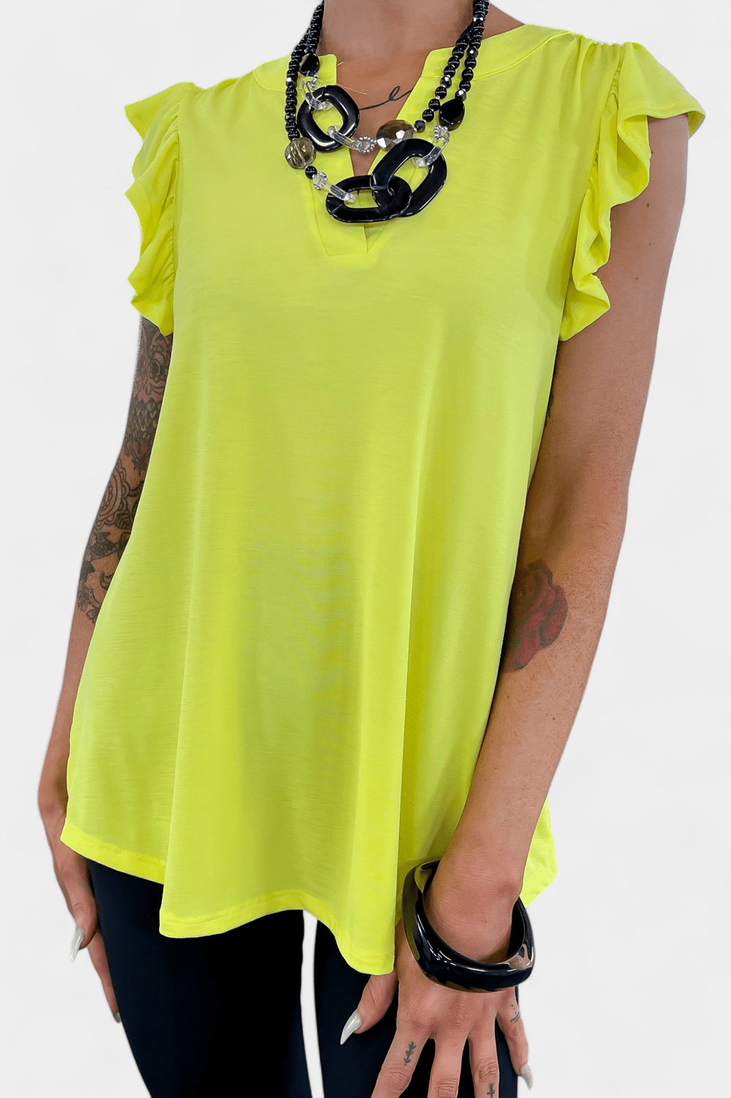 Neon Yellow Lizzy Flutter Sleeve Top [NO RETURNS]