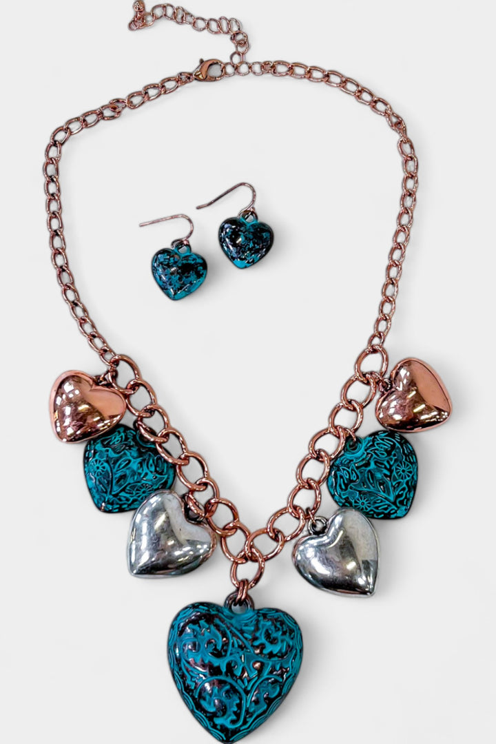 Multi Metal Heart Pendants Dangle Necklace