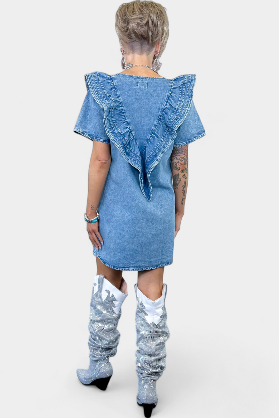 Vintage Denim V-Line Ruffle Dress