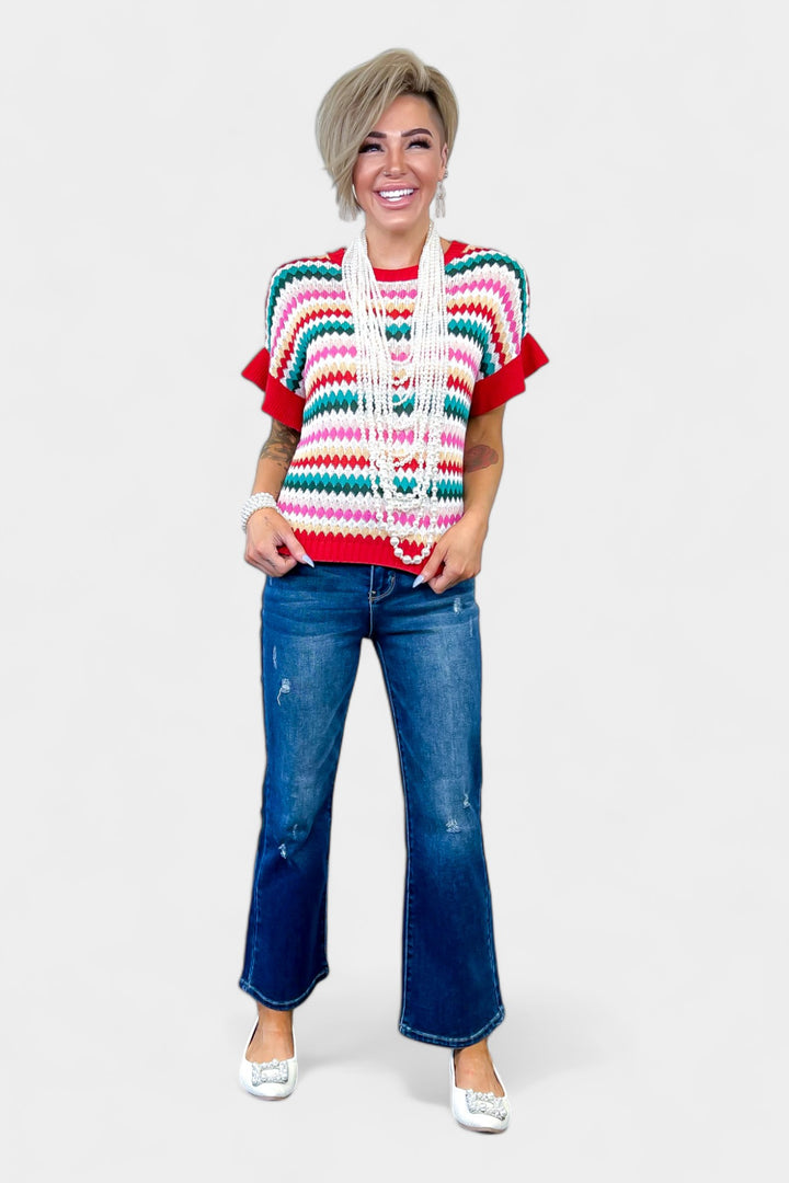 Red Trimmed Short Sleeve Sweater