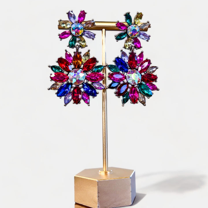 Multi Crystal Flower Drop Earrings