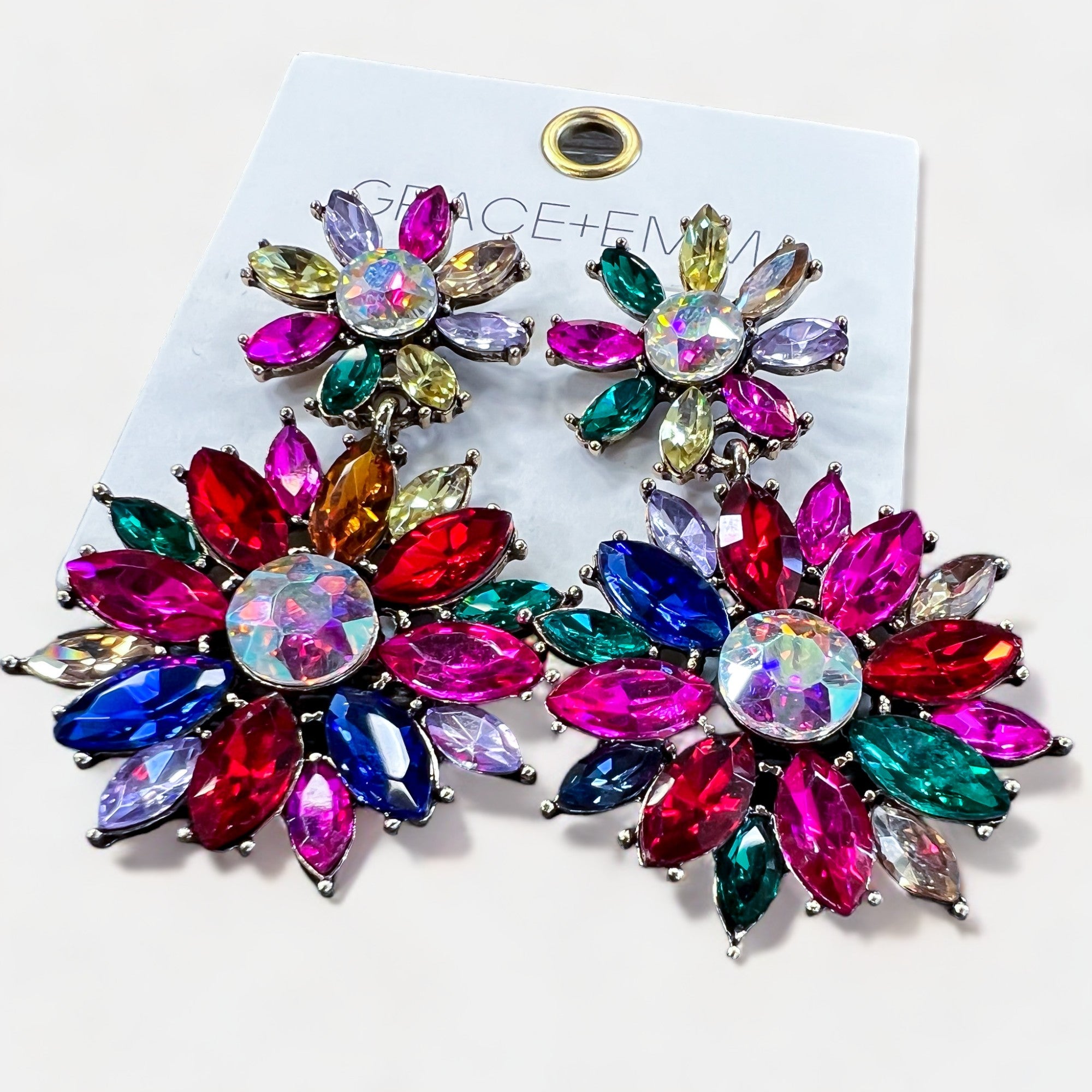 Multi Crystal Flower Drop Earrings