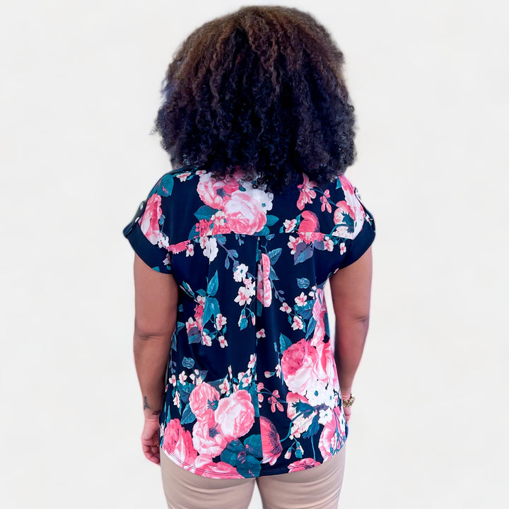 Navy Multi Floral Lizzy Short Sleeve Top
