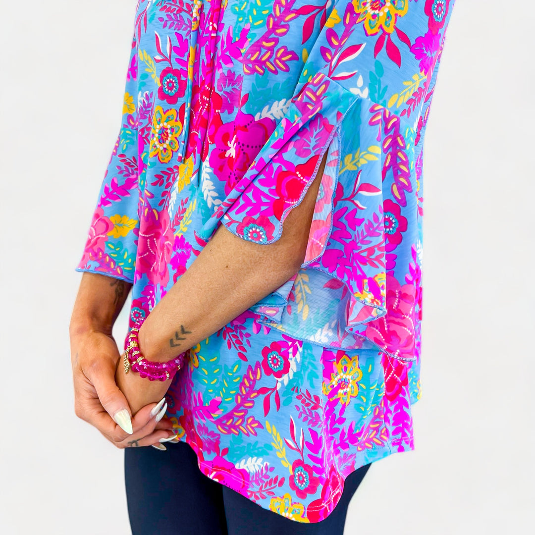 Blue Floral Bell Sleeve Top