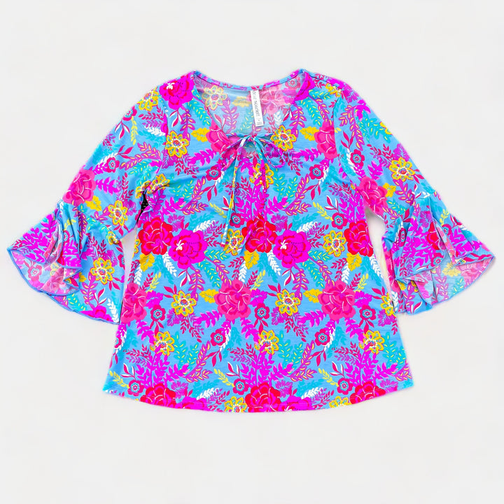 Blue Floral Bell Sleeve Top