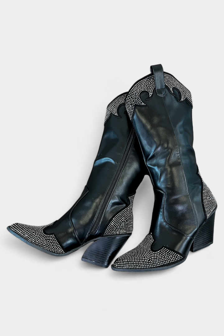 Black Rhinestone Pointed Toe Boots