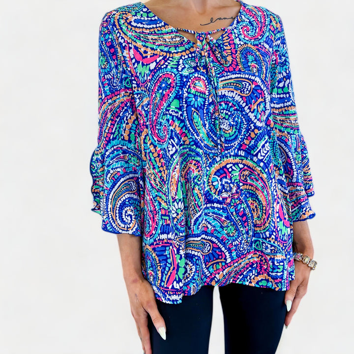 Royal Multi Abstract Paisley Bell Sleeve Top