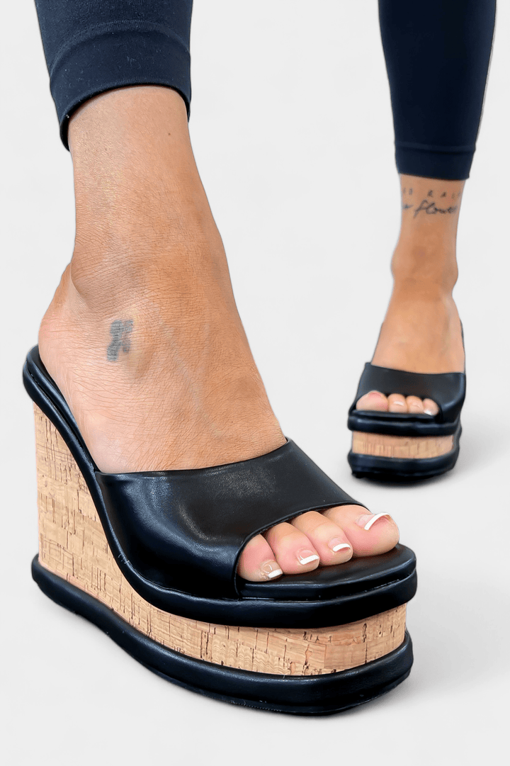Black Cork Wedge Sandals