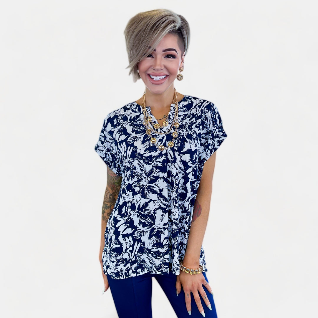 Navy Abstract Floral Lizzy Short Sleeve Top