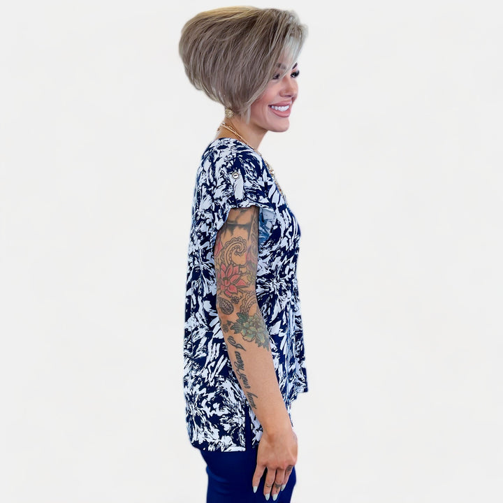 Navy Abstract Floral Lizzy Short Sleeve Top