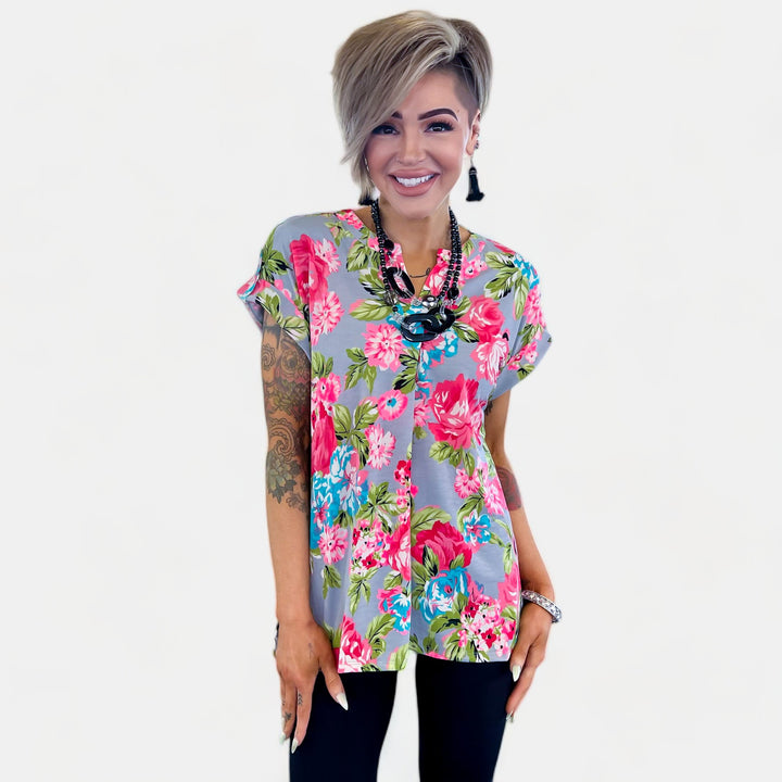 Grey Floral Lizzy Short Sleeve Top