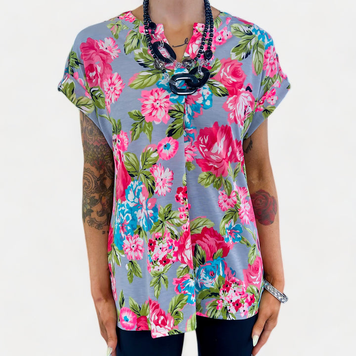 Grey Floral Lizzy Short Sleeve Top